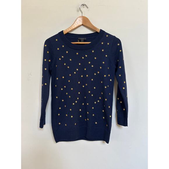 J Crew Sweaters - J.Crew Navy Gold Embroidered Star Merino Wool Crew Neck Sweater XS Celestial